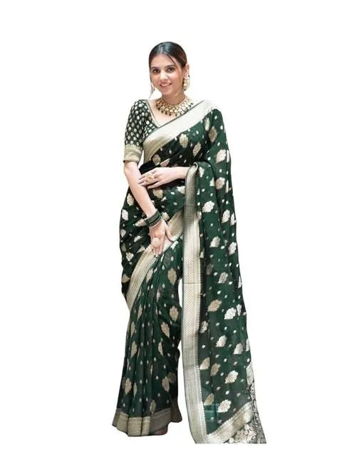 Generic Women's Soft Lichi Silk Printed Saree With Unstitched Blouse 5.5Mtr (Green)