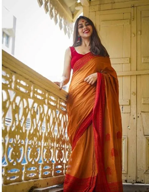 Generic Women's Soft Lilan Printed Saree With Unstitched Blouse 5.5Mtr (Mustard )