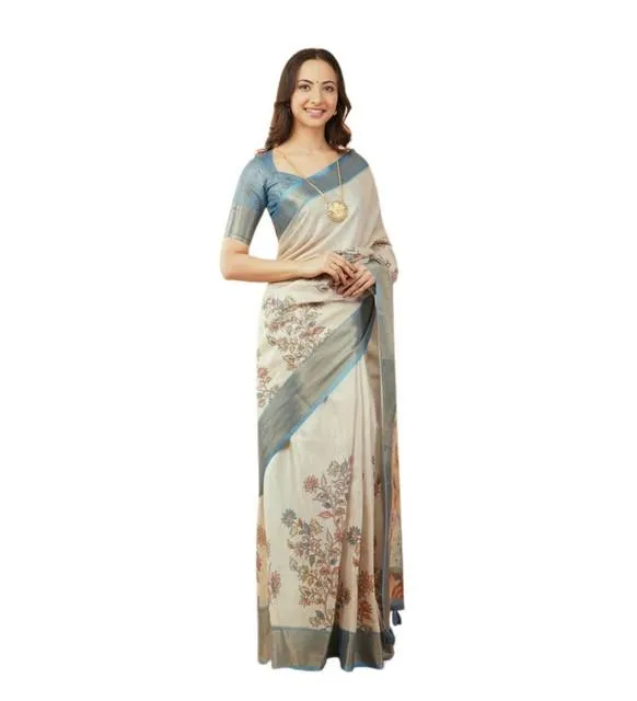 Generic Women's Polyester Printed Saree With Unstitched Blouse 5.5 Mtr (Cream)