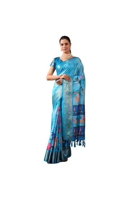 Generic Women's Faux_Silk Printed Saree With Unstitched Blouse 5.5Mtr (Sky_Blue)