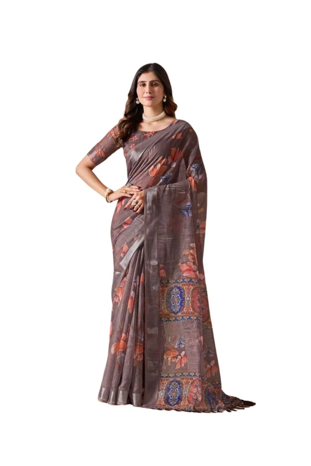 Generic Women's Faux_Linen Printed Saree With Unstitched Blouse 5.5Mtr (Light_Brown)