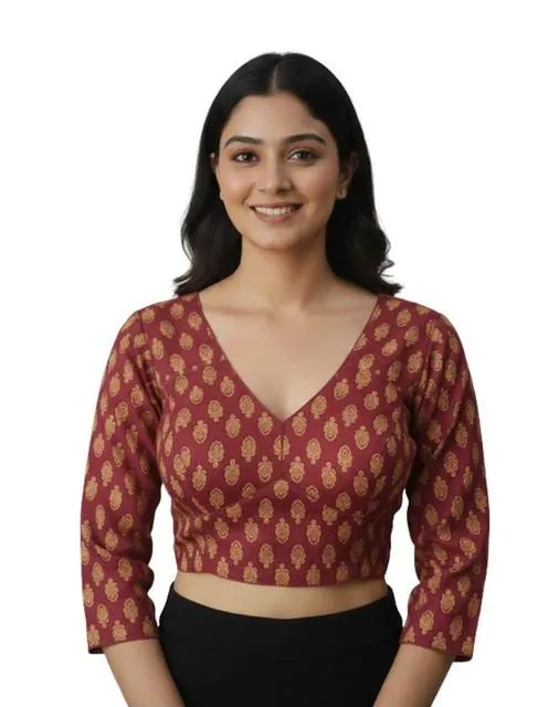 Generic Women's Ajrakh Cotton Printed Halter Neck Padded Blouse (Maroon 38 Ready (Self Alterable 36–40)