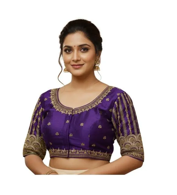Generic Women's Phantom Silk Embroidered Designer Neck Padded Blouse (Purple 38 Ready (Alterable up to 42)