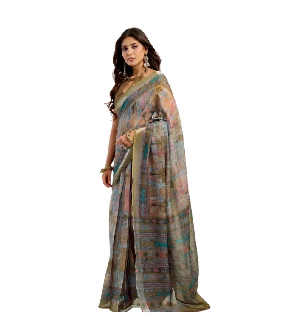 Generic Women's Linen Cotton Printed Ready To Wear Saree With Unstitched Blouse 5.5 Mtr (Multicolor)
