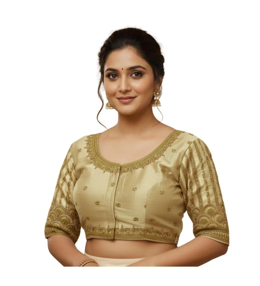 Generic Women's Phantom Silk Embroidered Designer Neck Padded Blouse (Beige 38 Ready (Alterable up to 42)
