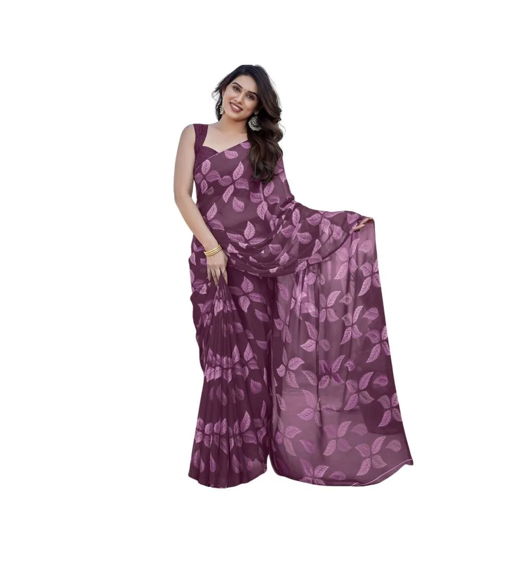 Generic Women's Chiffon Printed Saree With Unstitched Blouse 5.5Mtr (Purple)