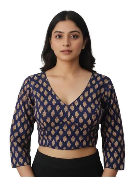 Generic Women's Ajrakh Cotton Printed Halter Neck Padded Blouse (Navy 38 Ready (Self Alterable 36–40)