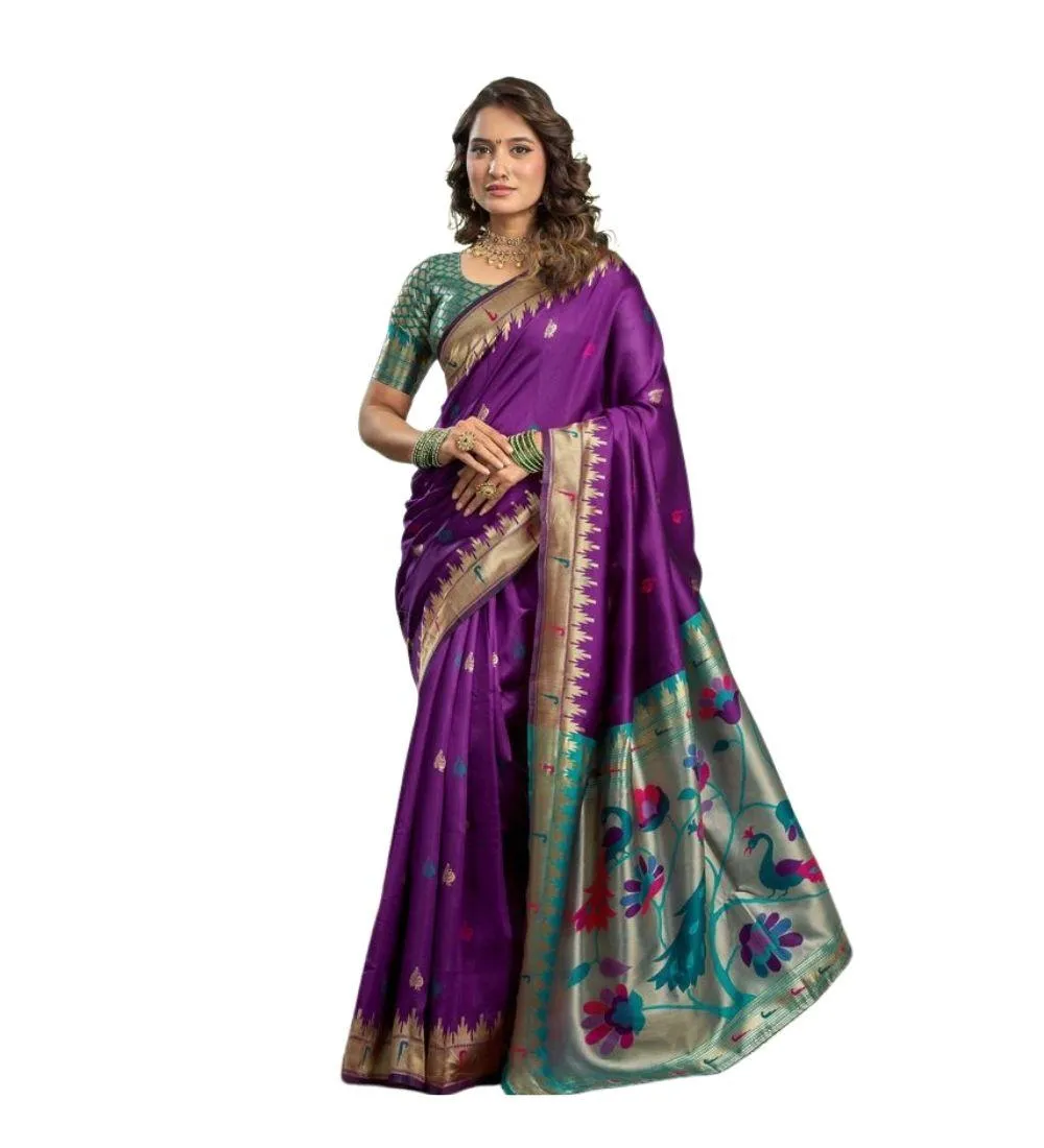 Generic Women's Silk Blend Woven Saree With Unstitched Blouse 5.5 Mtr (Purple)