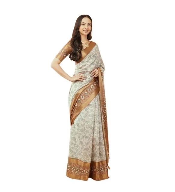 Generic Women's Polyester Printed Saree With Unstitched Blouse 5.5 Mtr (Off-White)
