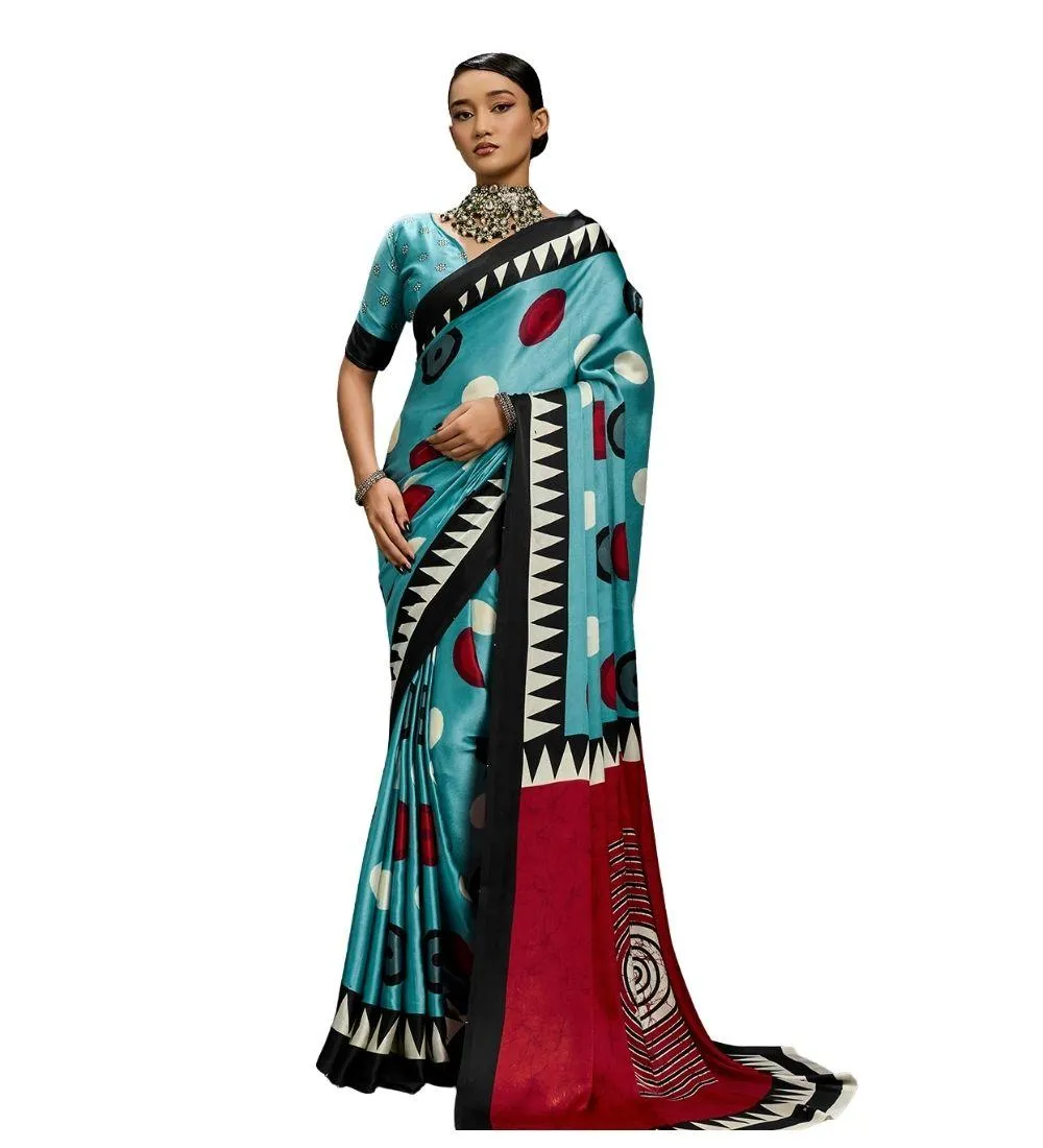 Generic Women's Satin Crepe Printed Saree With Unstitched Blouse 5.5Mtr (Sky Blue)