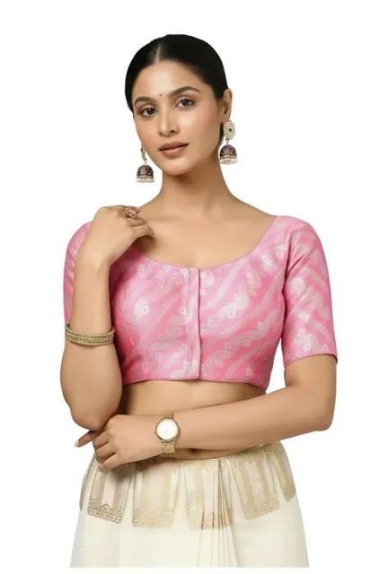 Generic Women's Jacquard Zari Round Neck Padded Blouse (Light Pink 38 Ready (Self Alterable 36–40)