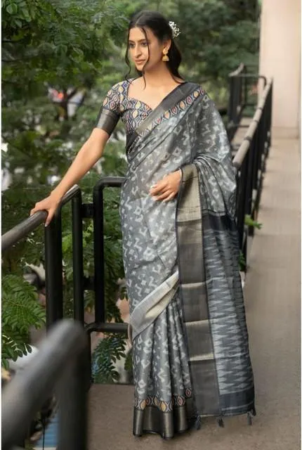 Generic Women's Polyester Printed Saree With Unstitched Blouse 5.5 Mtr (Grey)