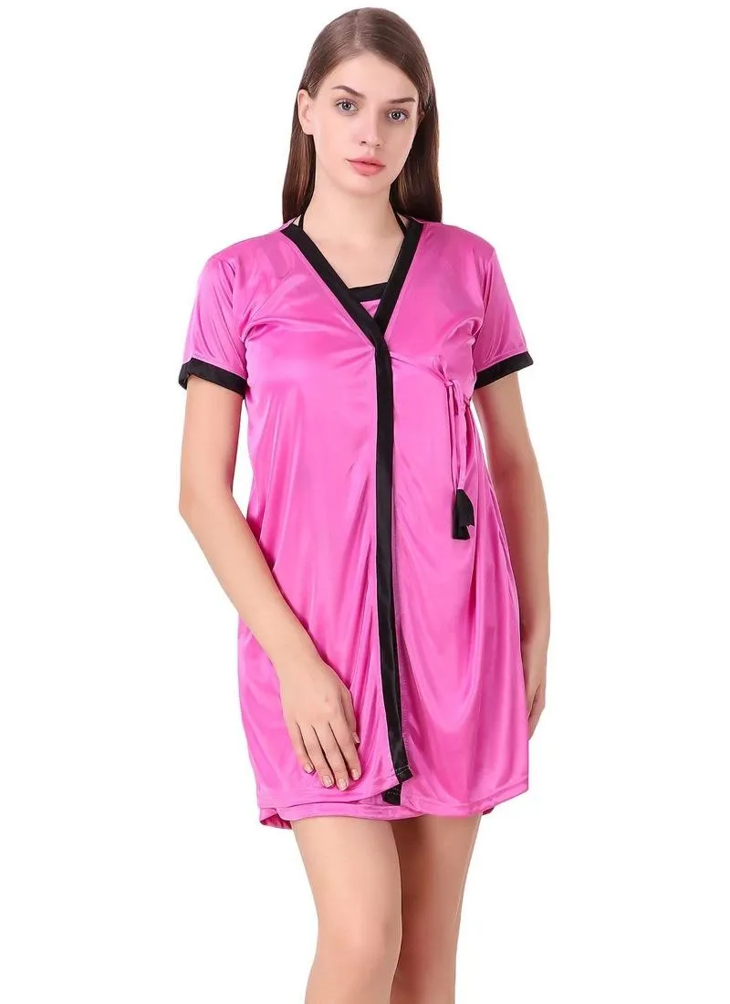 Women's Satin Short Wrap Gown with Half Sleeve(Color: Pink and Black, Neck Type: V Neck)