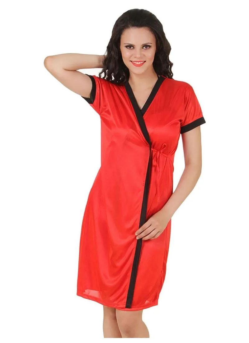 Women's Satin Short Wrap Gown with Half Sleeve(Color: Red, Neck Type: V Neck)