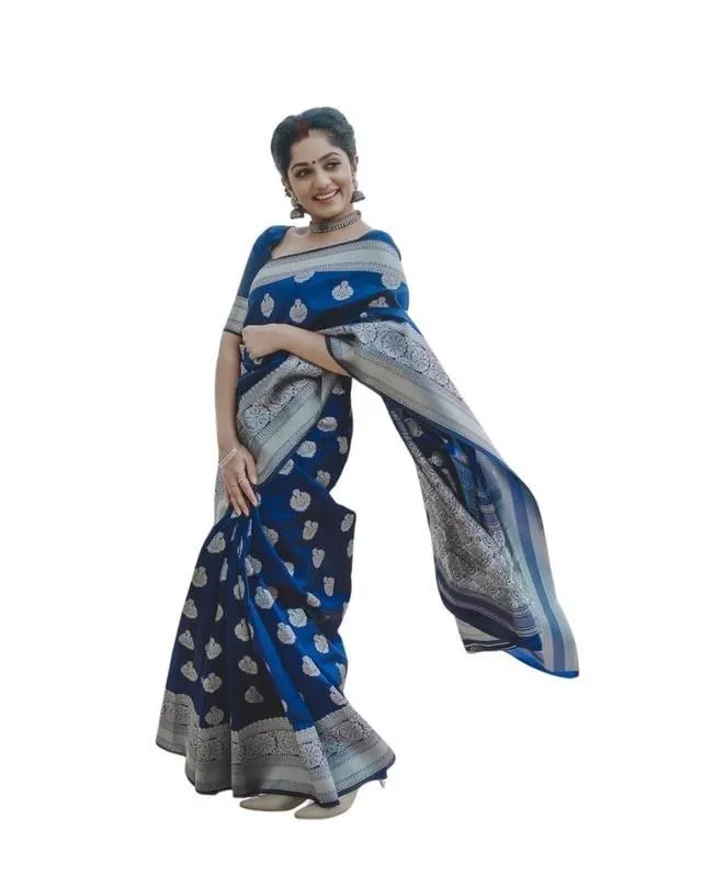 Generic Women's Soft Lichi Silk Printed Saree With Unstitched Blouse 5.5Mtr (Blue)