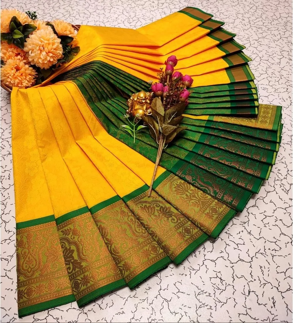 Generic Women's Soft Silk Printed Saree With Unstitched Blouse 5.5Mtr (Yellow)