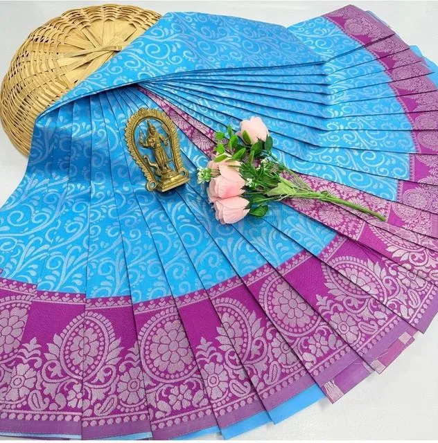 Generic Women's Soft Silk Printed Saree With Unstitched Blouse 5.5Mtr (Sky Blue)