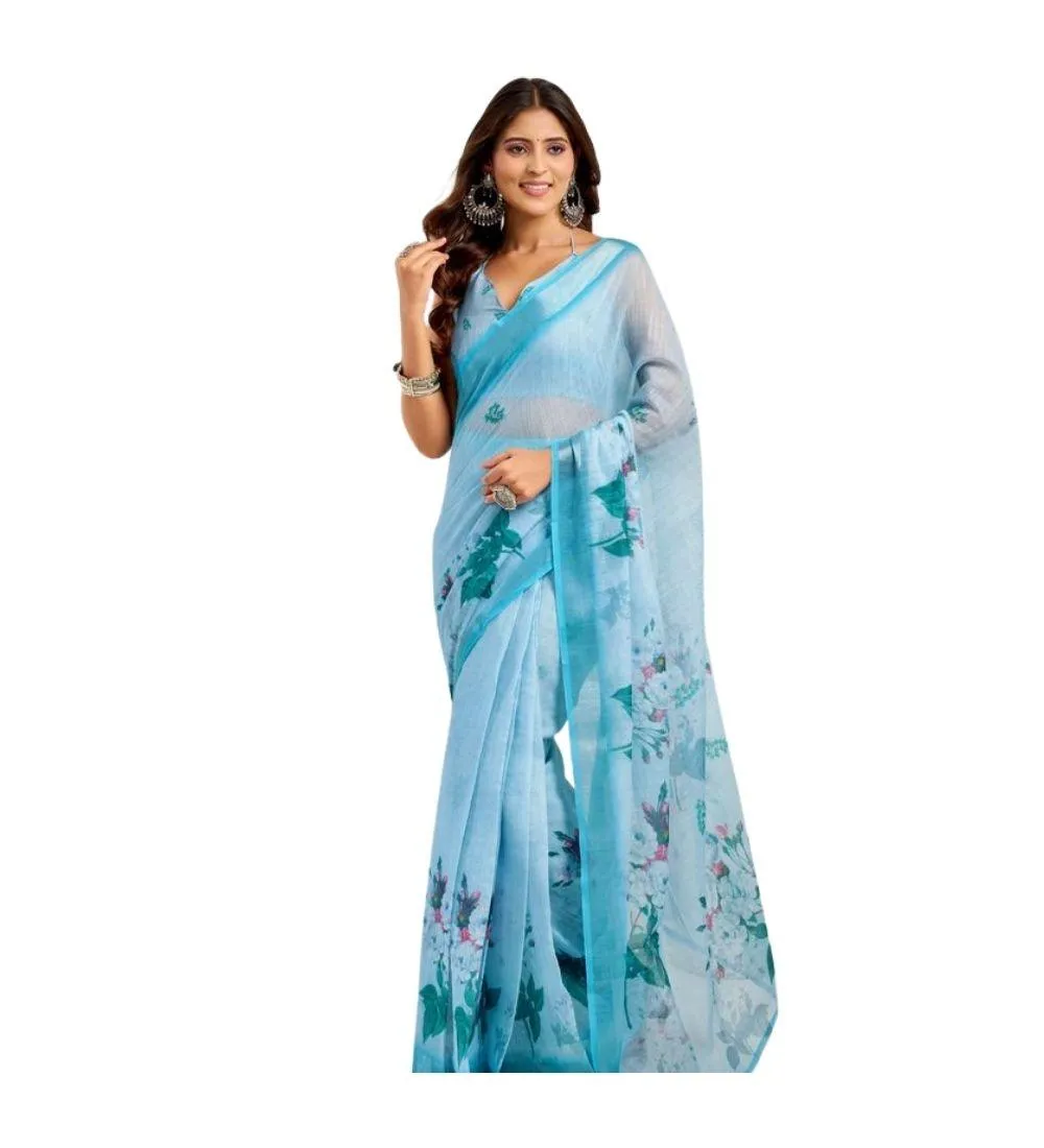 Generic Women's Linen Cotton Printed Ready To Wear Saree With Unstitched Blouse 5.5 Mtr (Sky_Blue)