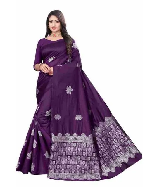 Generic Women's Soft Lichi Silk Printed Saree With Unstitched Blouse 5.5Mtr (Purple)