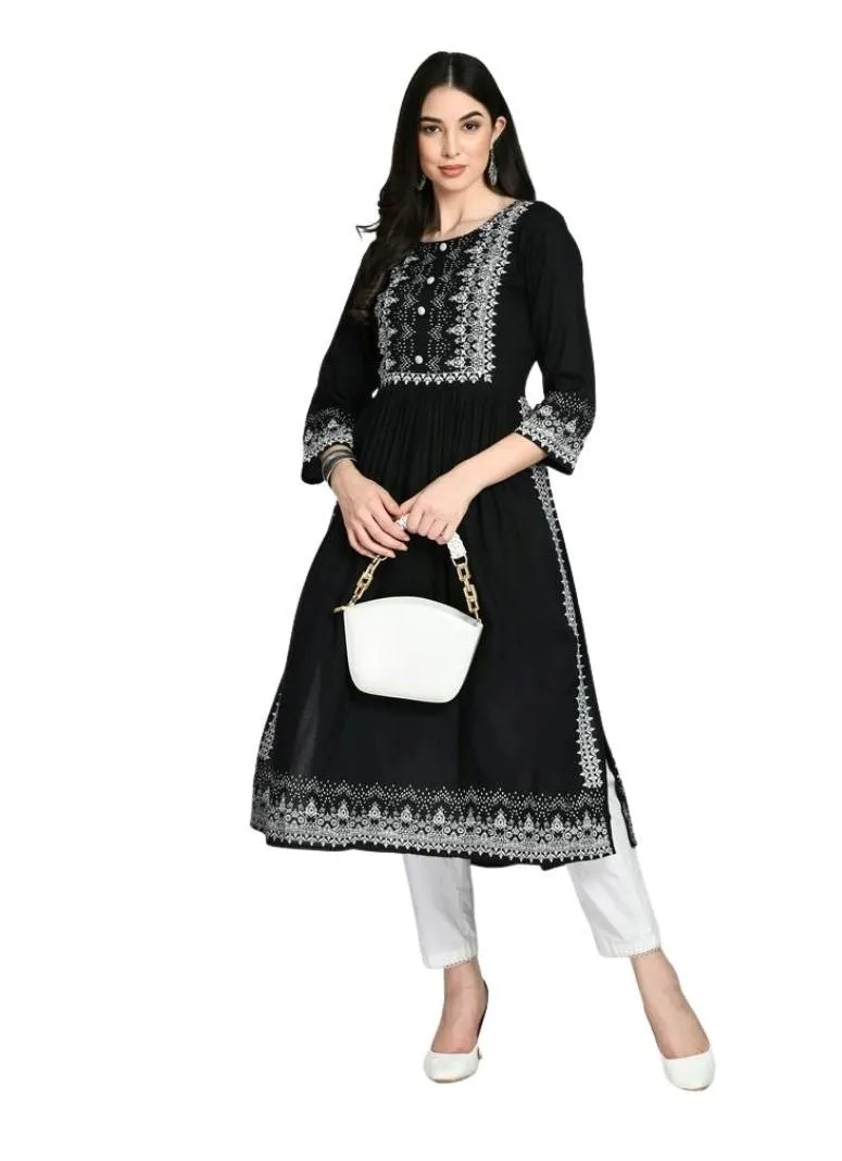 Generic Women's Casual Rayon 3-4th Sleeves Kurti (Black)