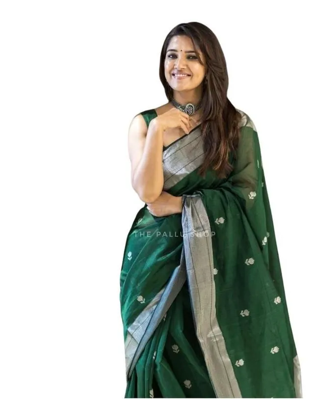 Generic Women's Soft Lichi Silk Printed Saree With Unstitched Blouse 5.5Mtr (Green)