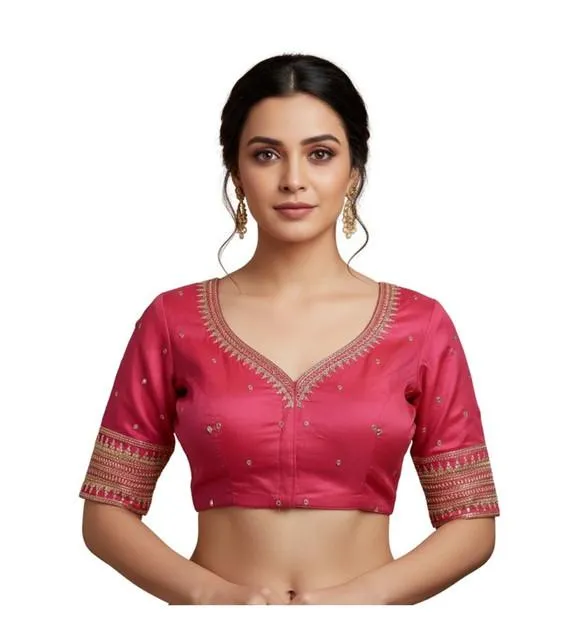 Generic Women's Vichitra Silk V Neck Padded Blouse (Pink, 38 Ready Size (Self-Alterable 36–40)