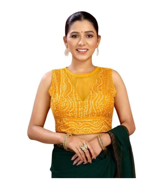 Generic Women's Rayon Cotton Bandhani Printed Halter Neck Non Padded Blouse (Mustard 38 Ready (Alterable up to 42)