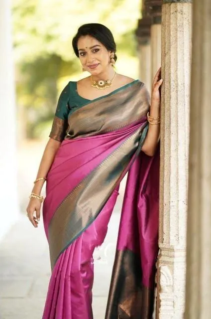 Generic Women's Soft Lichi Silk Printed Saree With Unstitched Blouse 5.5Mtr (Pink)