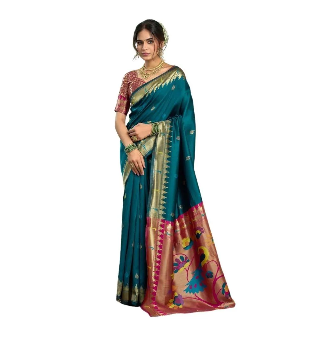 Generic Women's Silk Blend Woven Saree With Unstitched Blouse 5.5 Mtr (Teal)