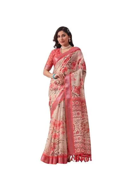 Generic Women's Faux_Linen Printed Saree With Unstitched Blouse 5.5Mtr (Peach)