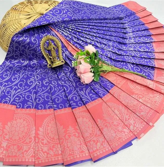 Generic Women's Soft Silk Printed Saree With Unstitched Blouse 5.5Mtr (Indigo Blue)