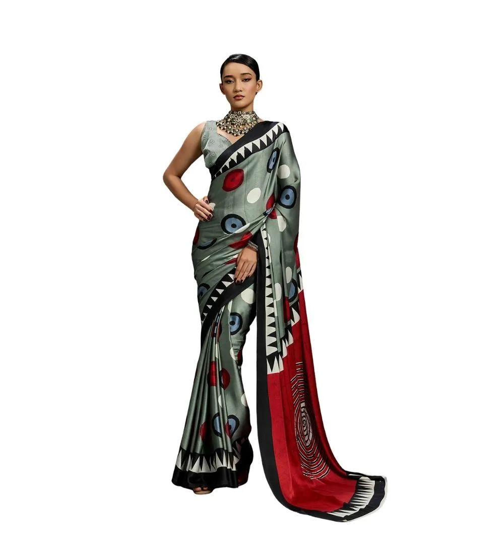 Generic Women's Satin Crepe Printed Saree With Unstitched Blouse 5.5Mtr (Multicolor)
