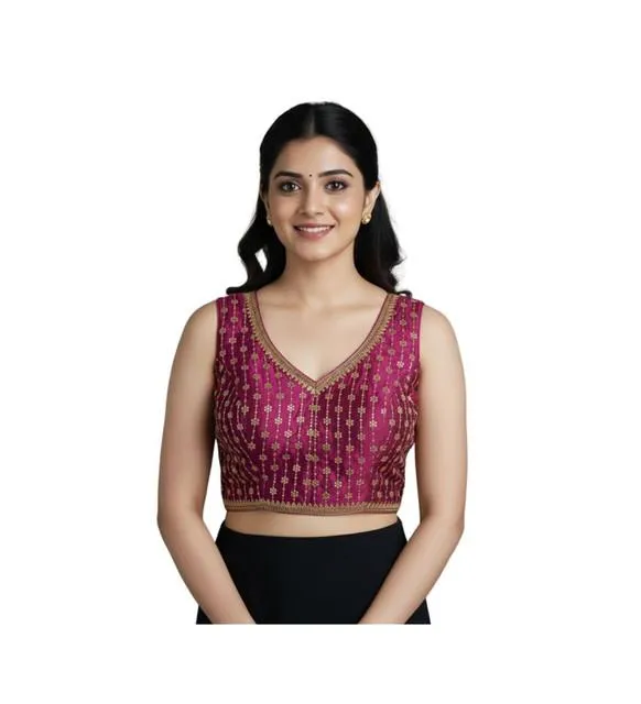 Generic Women's Silk Blend Embroidered V-Neck Non Padded Blouse (Dark Wine 38 Ready (Alterable up to 42)