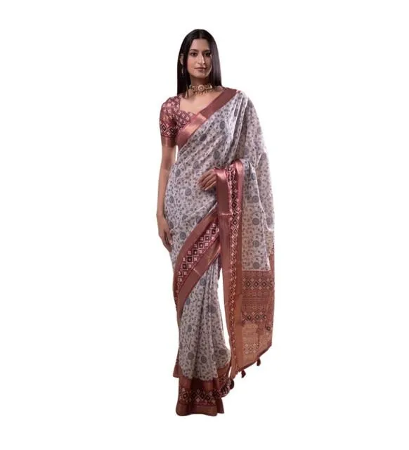 Generic Women's Polyester Printed Saree With Unstitched Blouse 5.5 Mtr (Off-White)