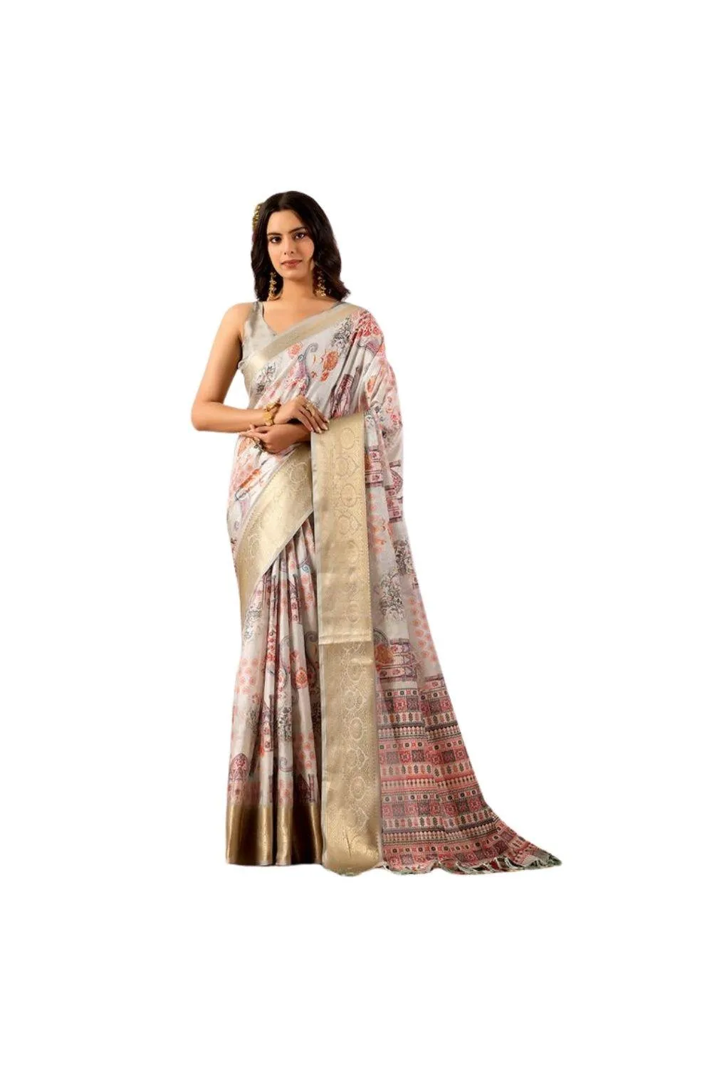 Generic Women's Faux_Silk Printed Saree With Unstitched Blouse 5.5Mtr (Grey)