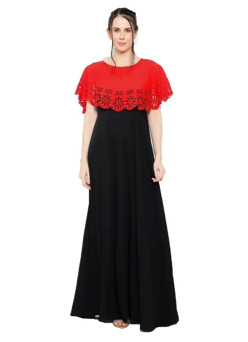 Generic Women's Crepe Solid Sleeveless Full Length Gown(Red Black)