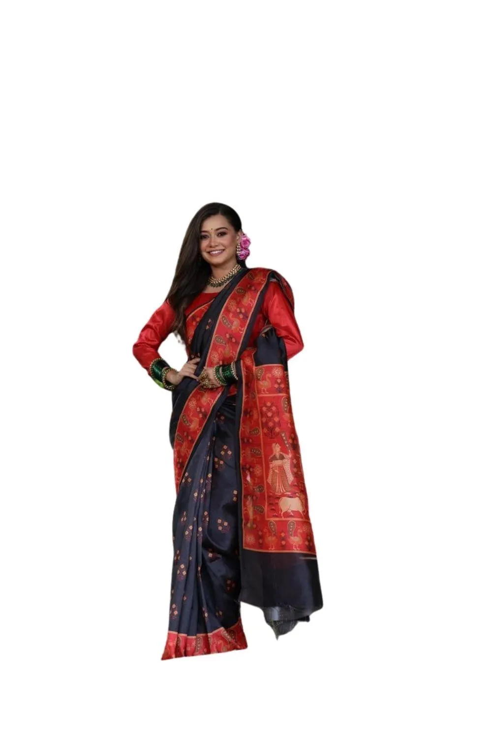 Generic Women's Faux_Tussar_Silk Printed Saree With Unstitched Blouse 5.5Mtr (Black)