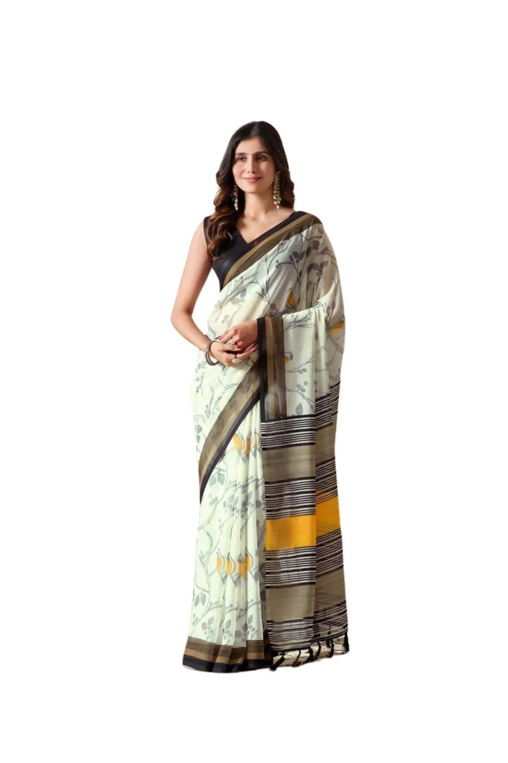 Generic Women's Faux_Linen Printed Saree With Unstitched Blouse 5.5Mtr (Light_Green)