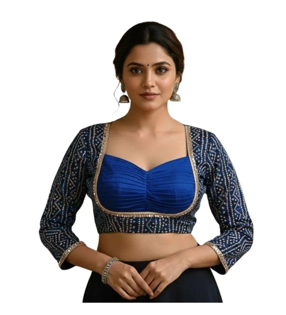 Generic Women's Rayon Sabyasachi Style Round Neck Padded Blouse (Blue, 38 Ready Size (Self-Alterable 36–40)