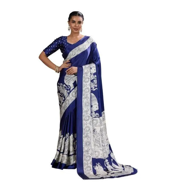 Generic Women's Satin Crepe Printed Saree With Unstitched Blouse 5.5Mtr (Blue)