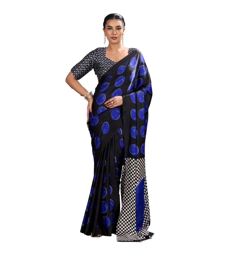 Generic Women's Satin Crepe Printed Saree With Unstitched Blouse 5.5Mtr (Blue)