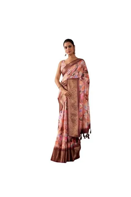 Generic Women's Faux_Silk Printed Saree With Unstitched Blouse 5.5Mtr (Peach)