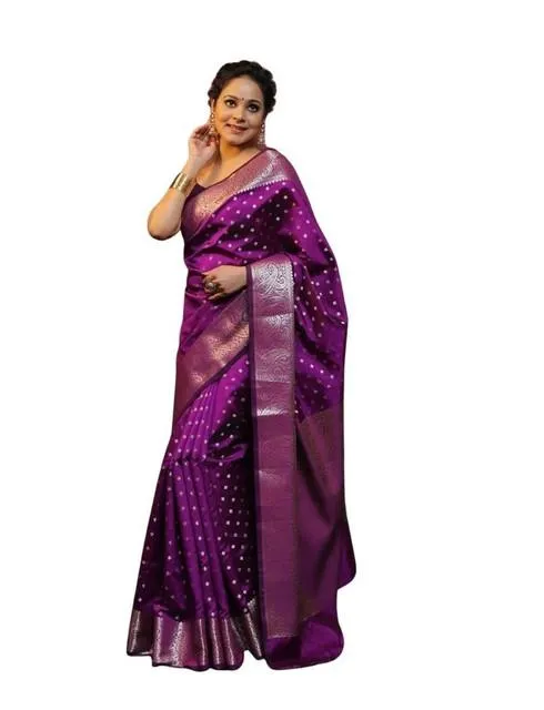 Generic Women's Soft Lichi Silk Printed Saree With Unstitched Blouse 5.5Mtr (Purple)
