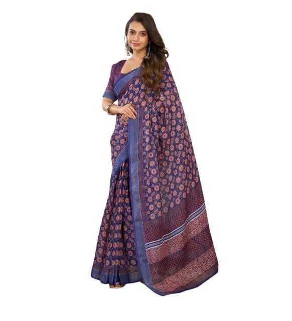Generic Women's Linen Cotton Printed Ready To Wear Saree With Unstitched Blouse 5.5 Mtr (Dark_Navy_Blue)