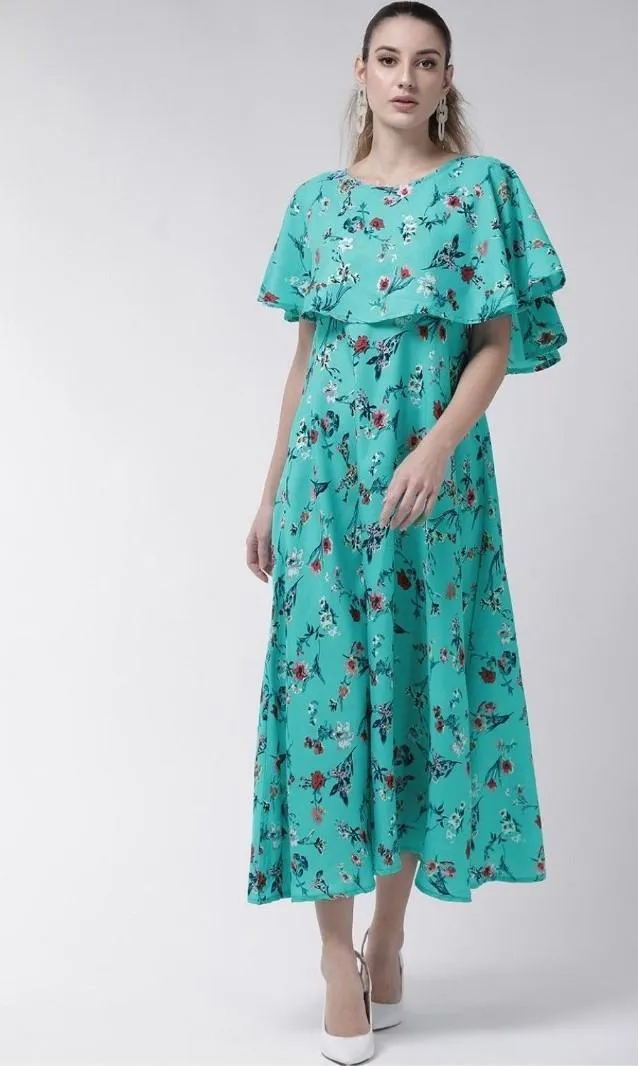 Generic Women's Crepe Floral Half Sleeves Full Length Gown(Turquoise)