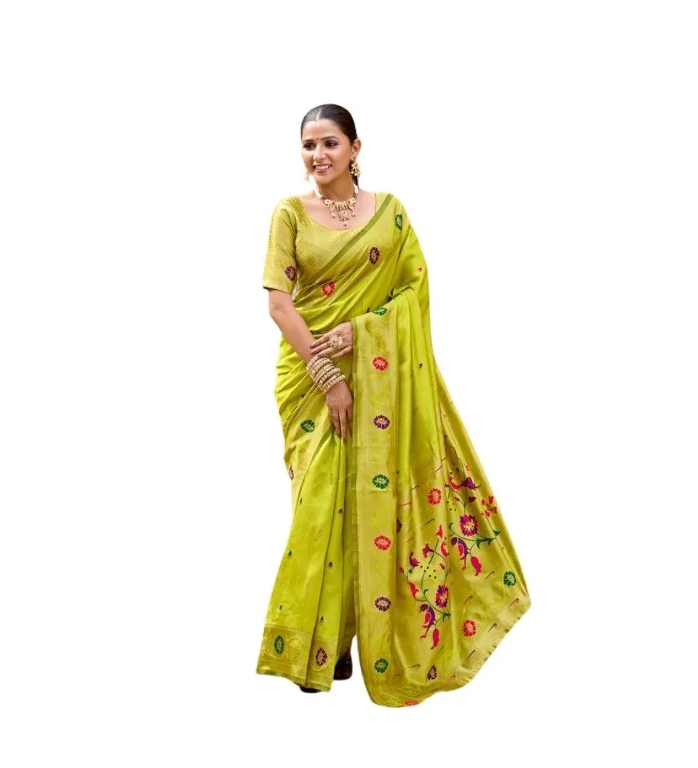 Generic Women's Silk Blend Woven Saree With Unstitched Blouse 5.5 Mtr (Lime)