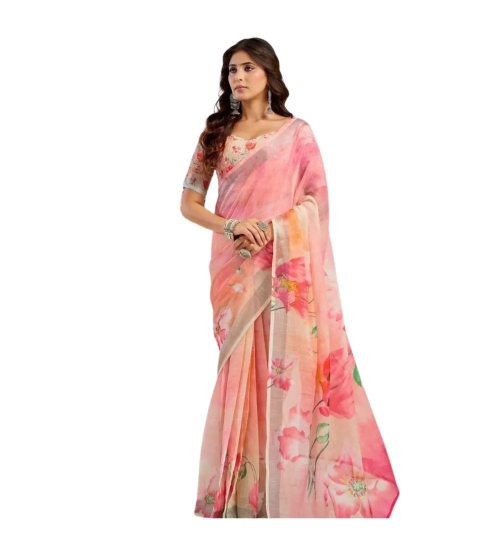 Generic Women's Linen Cotton Printed Ready To Wear Saree With Unstitched Blouse 5.5 Mtr (Light_Peach)
