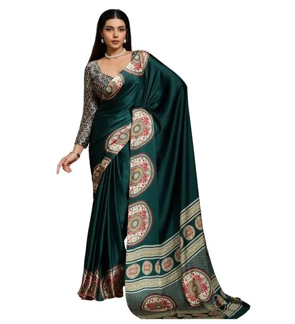 Generic Women's Satin Crepe Printed Saree With Unstitched Blouse 5.5Mtr (Green)