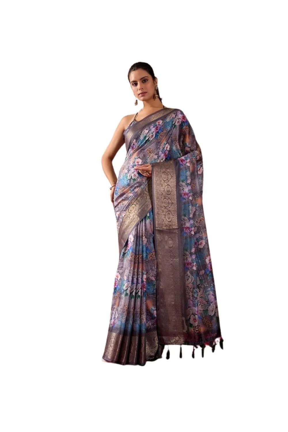 Generic Women's Faux_Silk Printed Saree With Unstitched Blouse 5.5Mtr (Grey)