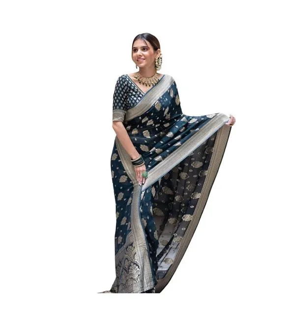 Generic Women's Soft Lichi Silk Printed Saree With Unstitched Blouse 5.5Mtr (Blue)